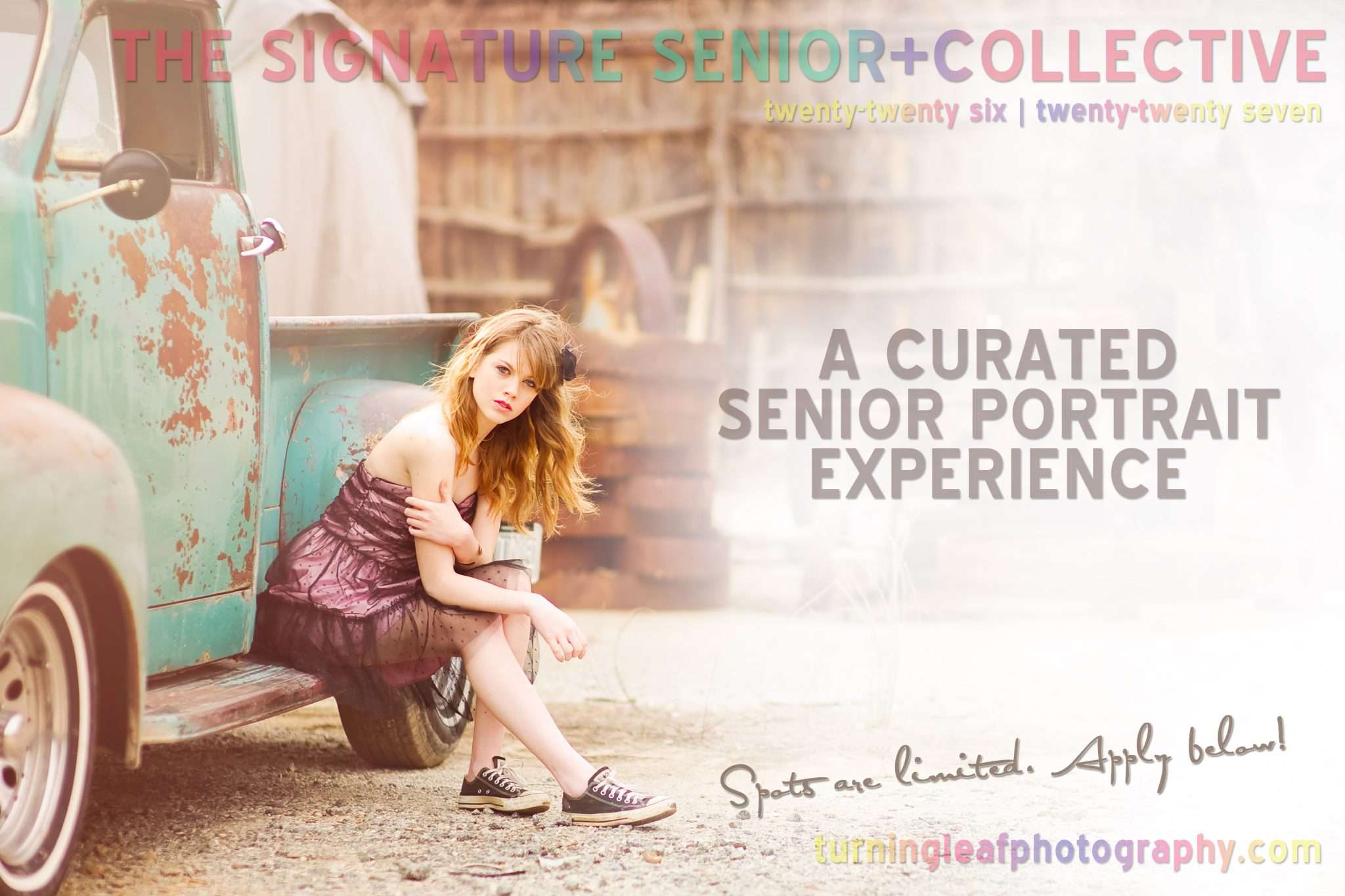 The-Senior-Collective-2026-WEB A young woman sits on the step of a rustic truck, wearing a purple dress and black sneakers. Text reads "A Curated Senior Portrait Experience." The scene is warm and artistic.