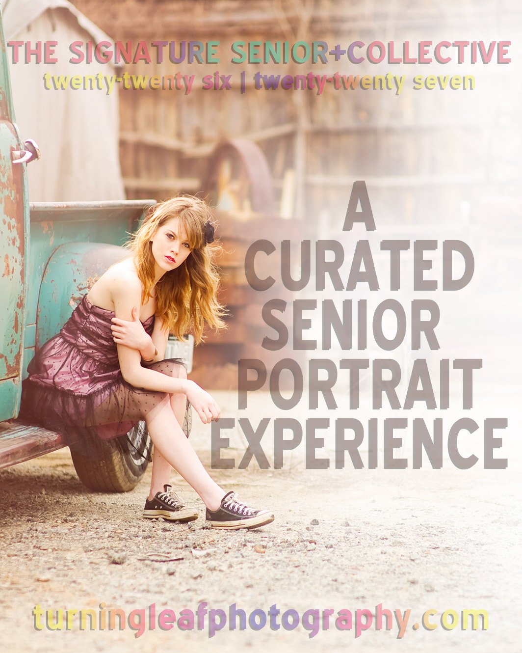 The_Senior_-Colletive_turning_leaf_photography_mobile Young woman in a strapless dress sits on a truck step, exuding a vintage vibe. Text overlay promotes a "Curated Senior Portrait Experience."